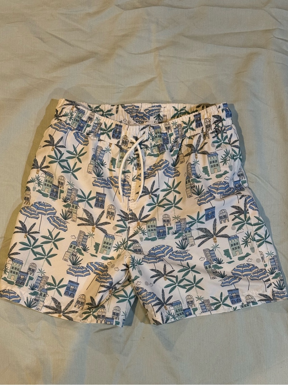 Janie and Jack Boys 10 White Swim Trunks with Blue and Green Tropical Print